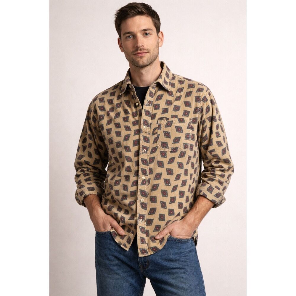 intage Cambridge Classics Corduroy Shirt M Tan Geometric 90s